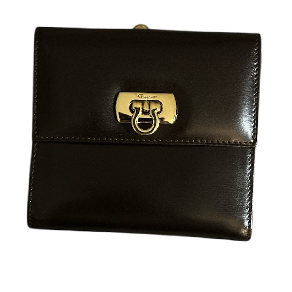 Salvatore Ferragamo Dark Brown Kisslock Trifold Leather Wallet EUC